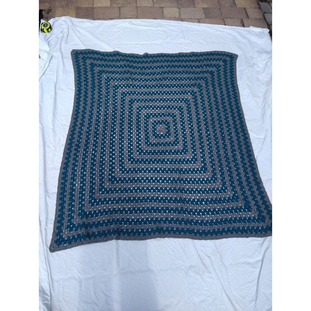Afghan Throw Blanket Handmade Crochet Teal Gray Squares 80s 90s granny core